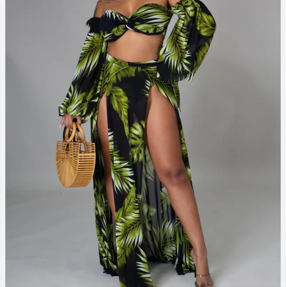Green and black floral set comes with  sheer long sleeve bikini top and skirt